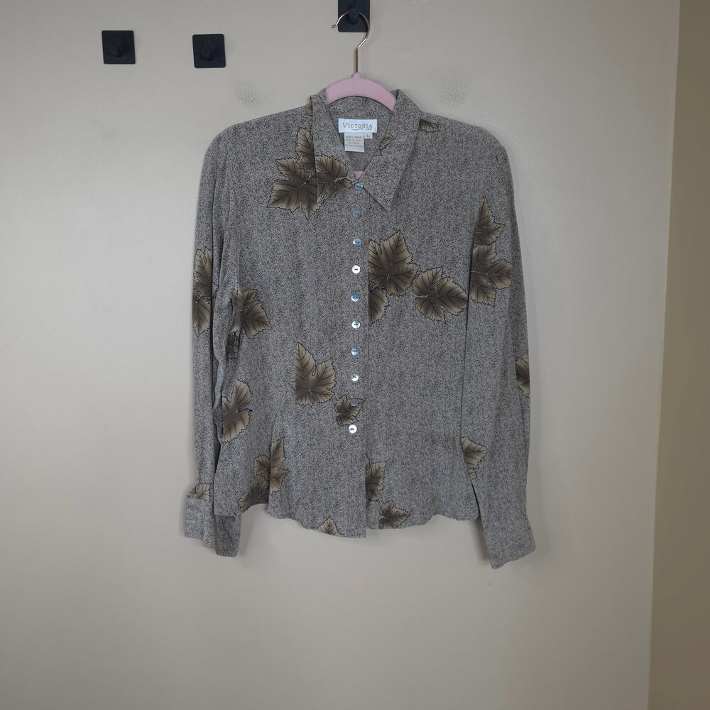 Vintage Victoria Long Sleeve Button Front 100% Silk Blouse in Brown Leaf Print L